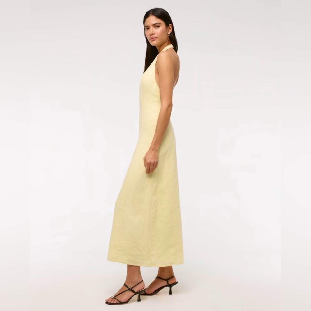 Abercrombie Women's Premium Linen High-Neck Maxi Dress in Yellow